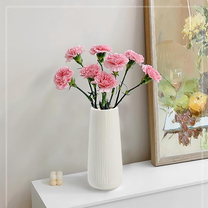Ceramic Vase for Flower, Pampas Grass Vase, 7.8''H Ribbed Decor Vase, White | Nordic Minimalist Flower Vase, White Modern Home Office Decor Vases, For Living Room, Dining Table, Bedroom, Kitchen Shelf