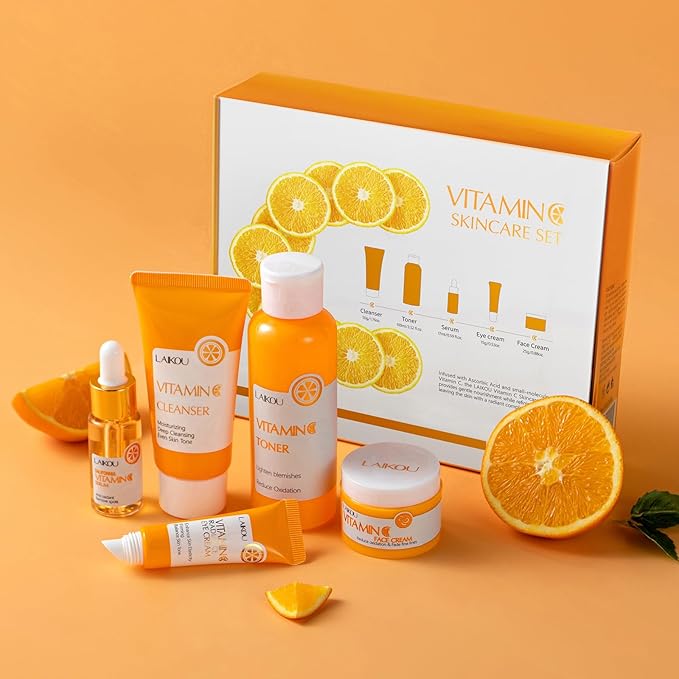 LAIKOU Vitamin C Skin Care, Skin Care Set with Cleanser, Toner, Serum, Eye Cream, Face Cream for Women Teen Girls Mom Daughter Mother's Day Christmas Birthday Beginner Kit TSA-friendly 5pcs