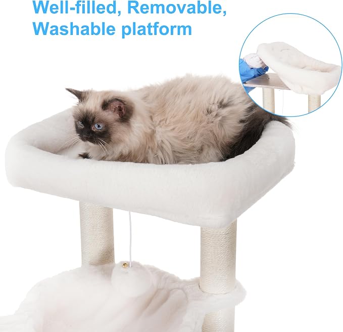 Hey-brother Cat Tree Tower, Wooden Litter Box Enclosure and Condo, MPJ115SG | 61.02 Inches Modern Cat Furniture with Large Platform, Scratching Posts, 2 Hammocks, All-in-one for Indoor Cats, Rustic Gray