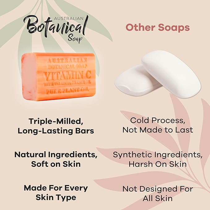 Australian Botanical Soap Vitamin C with Valencia Orange Oil 6.6 oz Triple Milled Luxury Soap Bar Enriched with Shea Butter, Suitable for Men, Women and All Skin Types, Pack of 1
