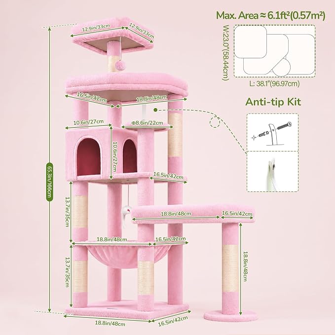 Globlazer Extra Large Platform Cat Tree, 65in Sturdy Cat Scratching Tree for Indoor Cats Large Adult, Big Cat Perch Tower with 3 Padded Perches, 6 Scratching Posts, Cat Condo, Hammock, S65, Pink
