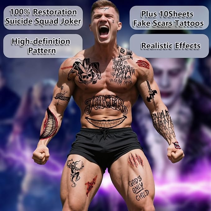 Joker Tattoos Temporary Halloween - 14 Sheets Temporary Tattoos for Kids Men Fake Tattoo Stickers Joker Costume Masquerade Cosplay Party Accessories Makeup Waterproof