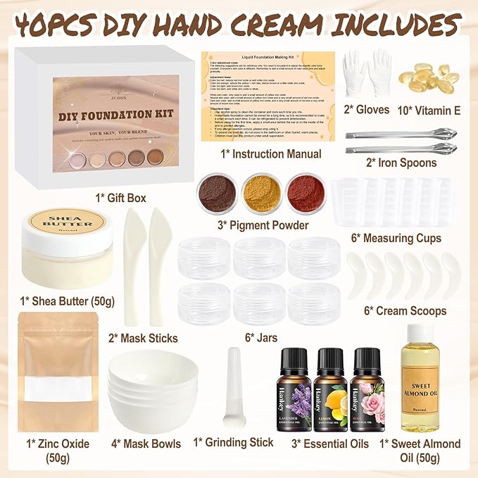 JCOOS DIY Foundation Making Kit, Liquid Foundation Makeup with Shea Butter, Almond Oil, Pigment Powders, Essential Oils to Make Your Own Color Matching Foundation, Concealer, Contour for All Skin Tone