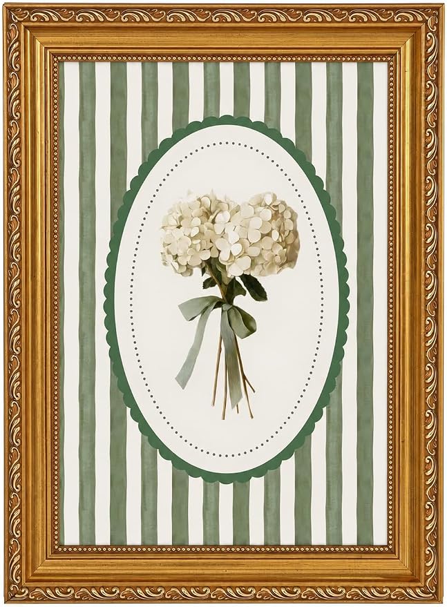 Vintage Botanical Wall Art, Green Stripe Floral Print, Gold Framed Canvas | Vintage botanical wall art with green stripe background and gold frame, suitable for living room, dining room, and entryway.
