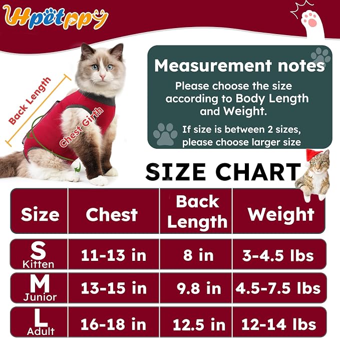 Hpetppy Cat Recovery Suit, Breathable Cat Surgery Recovery Suit Female, Kitten Onesie for After Surgery Spay Surgical Abdominal Wound Skin Diseases Cone of Shame Alternative (Red,S)