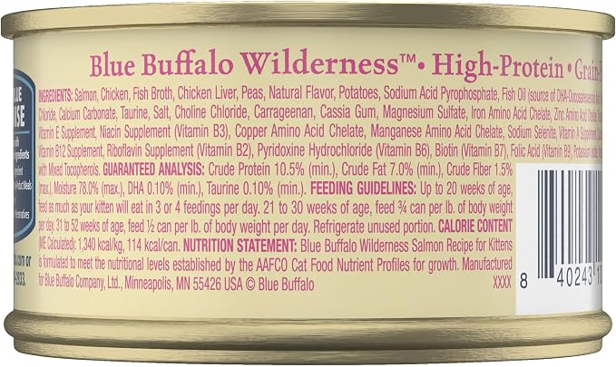 Blue Buffalo Wilderness Natural High Protein Grain Free Wet Food for Kittens,Salmon Pate,3-oz,(Pack of 48)