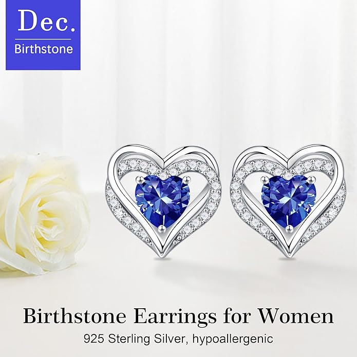 Iefil Christmas Earrings for Women, 925 Sterling Silver Birthstone Stud Earrings Birthday Gifts for Women