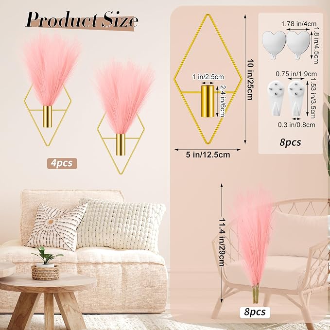 Hanaive 4 Sets Boho Wall Decor Metal Wall Art Hanging Planters with Artificial Pampas Display Modern Home Vase for Bedroom Home Office(Sweet,Gold, Pink)