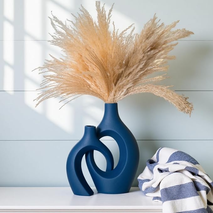 Lvases Blue Snuggle Hollow Ceramic Vase Minimalist Decorative Vases of 2 | 11 Inch Nordic Boho Decor Home Flower Vases for Living Room Coffee Table, Bookshelf Mantle & Entryway Pampas Grass Display