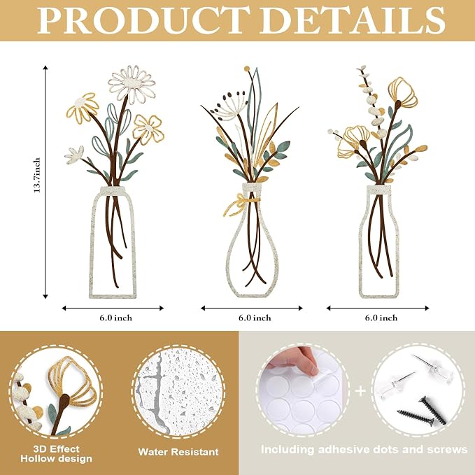 Pigort 3 Pieces Metal Flowers Wall Art- Rustic Farmhouse Decor Minimalist Decor for Living Room Bathroom Bedroom Dining Room, Housewarming Gifts Christmas Decoration(Beige, Vase-C)