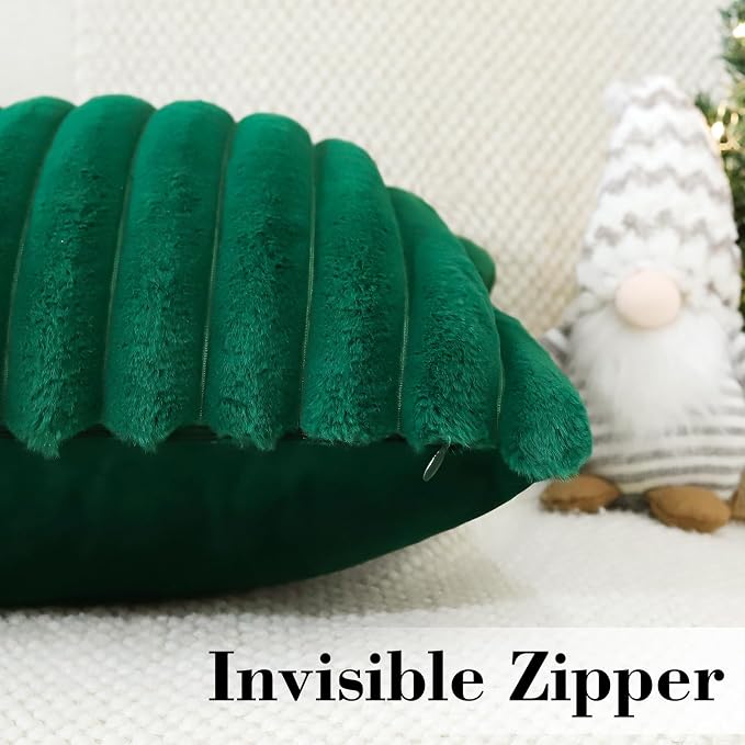 Soleebee Set of 2 Throw Pillow Covers Soft Cozy Velvet Pillowcase Faux Rabbit Fur Cover for Couch Sofa Bed Chair Home Decorative Pillows Cover (12x20 Inch, Christmas Green)