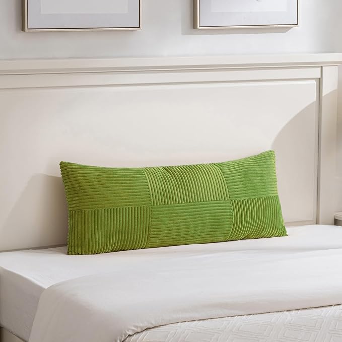 Fancy Homi Set of 1 Lime Green Boho Long Lumbar Body Decorative Throw Pillow Cover 14x36 Inch for Bed Couch Bedroom Bench, Soft Patchwork Corduroy Textured Pillow Case, Modern Room Decor