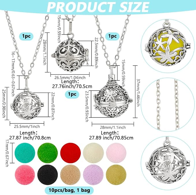 PH PandaHall 3pcs Essential Oil Diffuser Necklace, Aromatherapy Locket Pendant Scent Necklace with 10pcs Color Cotton Balls Platinum Flower Pendant Necklaces Chain for Men Women Jewelry Birthday Gifts