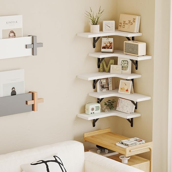 Fixwal Conner Shelves Wall Mounted for Decor, White Set of 5 | Solid wood shelf with metal brackets, holds 40 lbs. Optimizes corner storage. Fits bathroom, kitchen, bedroom & living room.