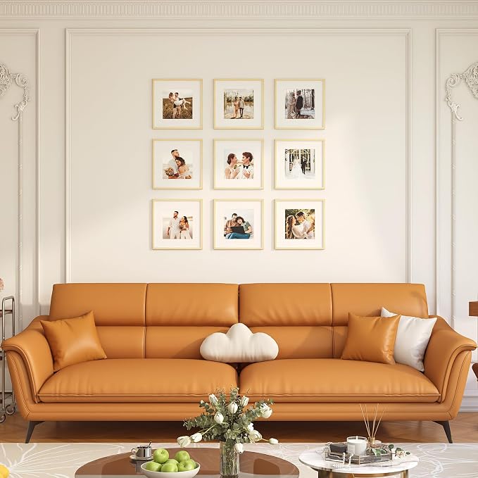 8x8 Picture Frame Set of 9, Display Pictures 4x4 with Mat or 8x8 without Mat, Multi Collage Gallery Square Photo Frames for Wall or Tabletop, Natural Wood