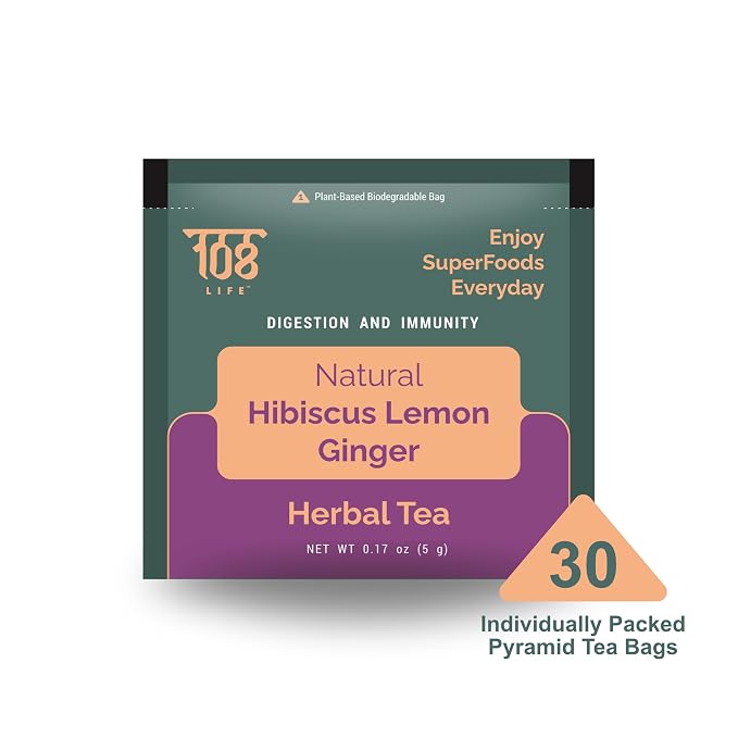 108 LIFE Natural Hibiscus Tea Bags | Lemon Ginger Tea | Herbal Tea | 100% Natural | Caffeine Free | Supports Digestion & Immunity | Biodegradable Pyramid Tea Bags | 30 Count