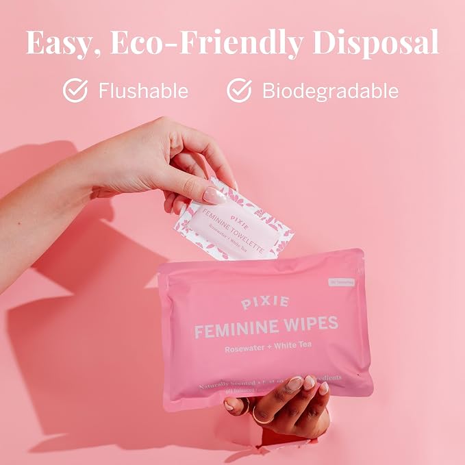 Pixie Feminine Wipes – Naturally Scented Rosewater + White Tea – Flushable, Biodegradable & pH Balanced – Individually Wrapped Wipes for On-The-Go – Cleaner for Menstrual Cups & Discs (2 Packs of 20)