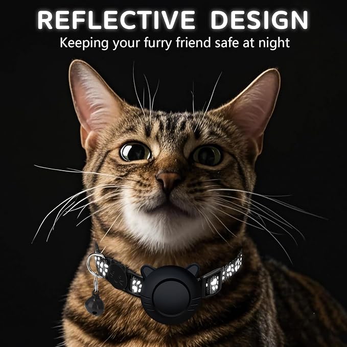 GPS Tracker for Cat Tracker Collar Waterproof Airtag Compatible with Apple Find My (iOS ONLY) No Monthly Fee Breakaway Design Reflective Pattern Bell Black Durable Cat Tracking