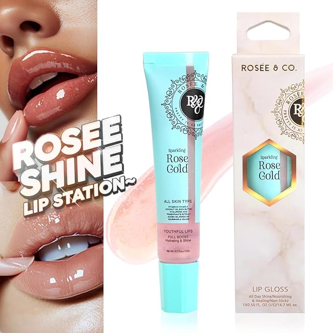Rosee Lip Gloss Vegan & Cruelty Free Treatment, Professional Make up, Long Lasting Glossy with Shea Butter, Moisturize, Protect & Smooth, High Shine, Non-Sticky (f. Sparkling Rose Gold, 0.5)
