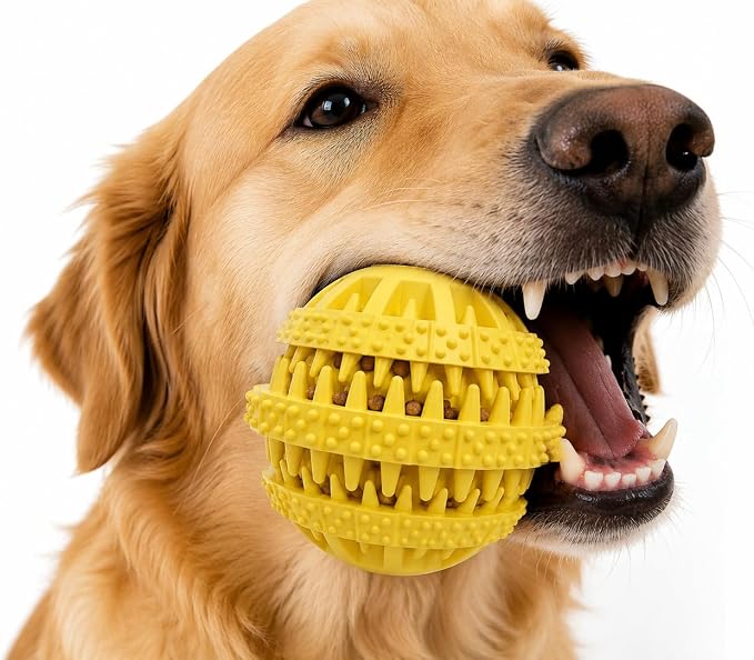 Rubber Dog Chew Toy Ball, Blue and Yellow, Bite-Resistant, Interactive Teeth Cleaning, Hidden Food Treat Dispenser for Dogs (Yellow)