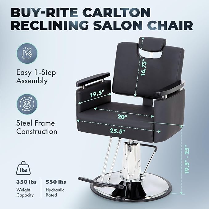Buy-Rite Carlton Reclining All-Purpose Salon Chair, Professional Hydraulic Styling Chair for Hair, Barber, Shampoo, Threading, Waxing, Adjustable Headrest, 550 lb Lift, Black, YLG-166