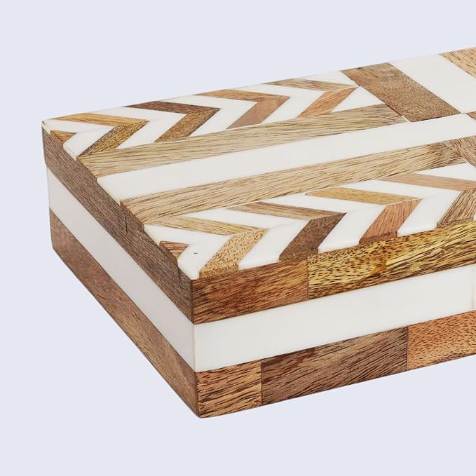 Handicrafts Home White Large Decorative Storage Box with Lid Wooden Decorative Box Coffee Table Storage Box Living Room Organizer Storage Box – Resin Inlay Patisserie Adorn Collection- 12x6x2