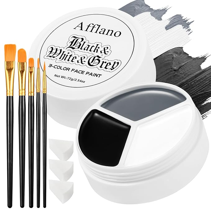 Black White Gray Face Paint Palette – Oil-Based Grease Makeup 3-in-1 Jar with 5 Brushes & 3 Sponges – Waterproof, Sweat-Proof, Easy On & Off SFX Makeup for Halloween, Cosplay, Gothic & Stage Looksy