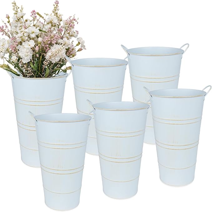 12 Inch Galvanized Metal Vase, 6 Pack Tall Flower Buckets with Handles | Galvanized metal flower buckets with handles, rustic tall vase design for dried flowers, weddings, farmhouse and home decor.