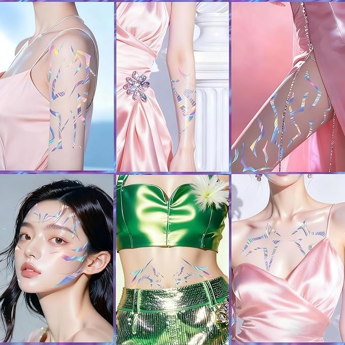 Full Body Temporary Tattoo Set (8 PCS) – Waterproof Holographic Body Art Stickers for Festival, Cosplay, Party & Fashion Looks – Long Lasting & Easy to Remove (Aurora Shine)
