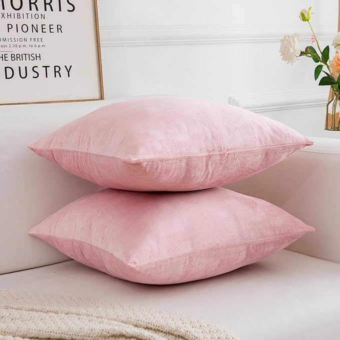 Velvet Decorative Throw Pillow Covers, Soft Square Cushion Case Home Decor for Living Room Couch Bed Sofa, Set of 2 Pack, Pink, 18x18 Inch