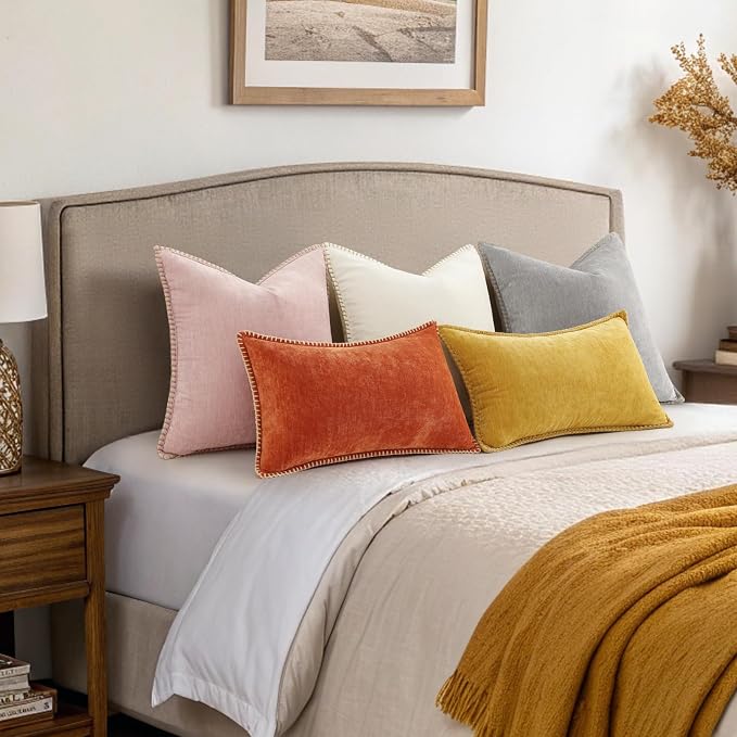 decorUhome Soft Chenille Throw Pillow Covers 12x20 Set of 2 Mineral Yellow | Fall Textured Decorative Throw Pillow Cases Stitched Edge Modern Farmhouse Luxury Boho Velvet for Couch Sofa Bed Home Decor