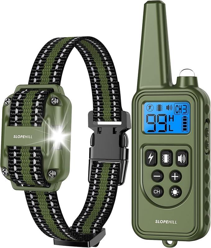 SLOPEHILL Dog Training Collar,4200FT Remote Shock Collar for Dogs 8-140lbs | IP68 Waterproof e Collar with Beep, Vibration, Safe Shock, Light ,No Shock Modes,Dog Collar with Removable Prongs,Dark Green
