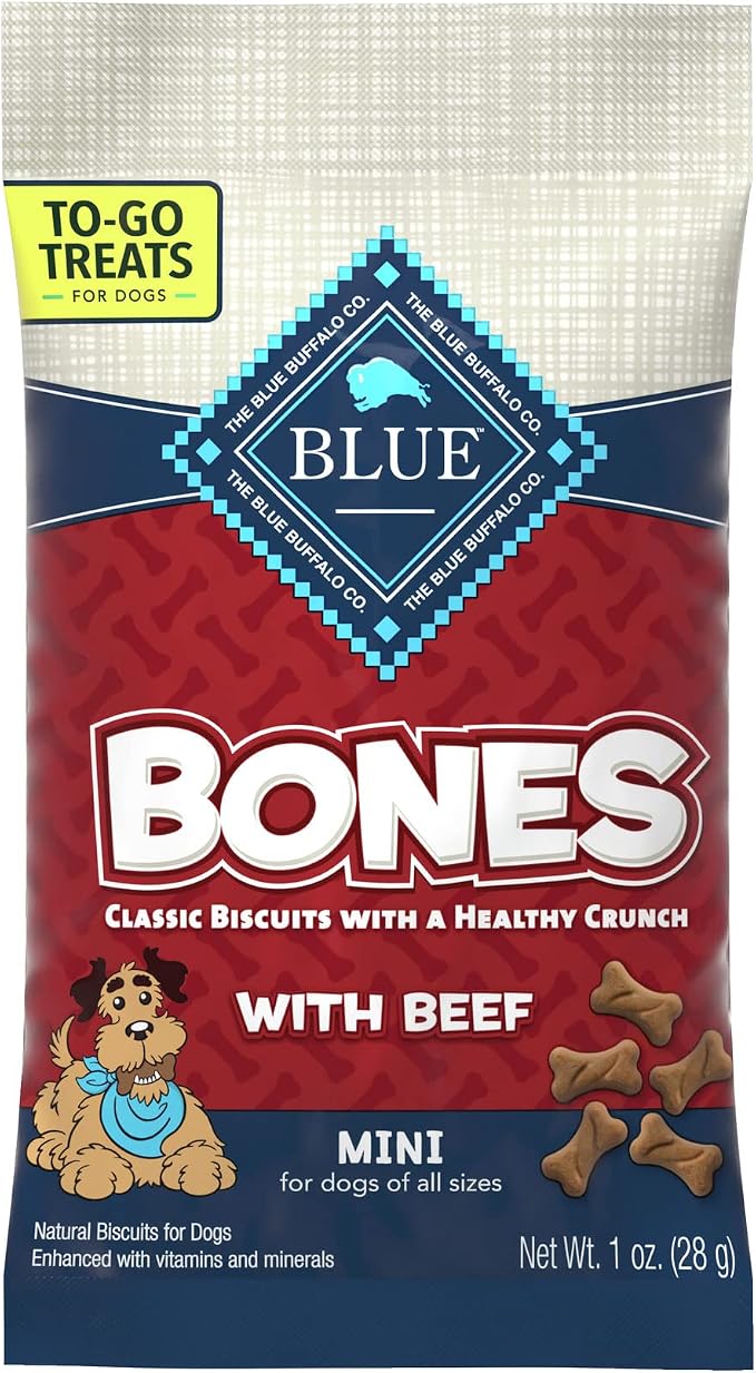 Blue Buffalo Bones Natural Crunchy Dog Treats to-GO, Mini Dog Biscuits, Beef 1-oz Bags (Pack of 12)