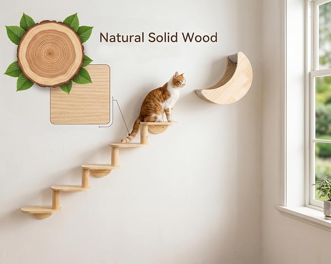 Cat Wall Shelves, Solid Wood Moon Bed, 5-Step Stairs for Vertical Climbing | 2-in-1 Wall-Mounted Cat Furniture;Wall & Corner Setup;16-Inch Stud Wall;Hold Up to 40 lb;Vertical Territory & Active Exercise