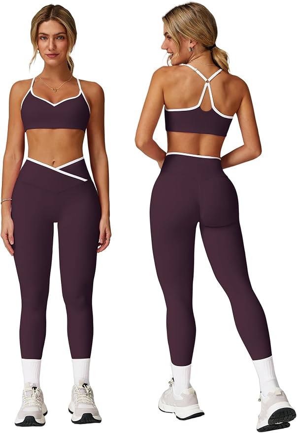 ABOCIW Workout Sets for Women 2 Piece Color Block Strappy Sports Bra High Waist Shorts Gym Yoga Pilates Outfits