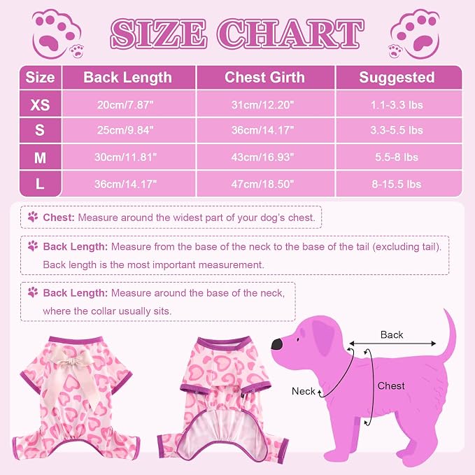 DaFuEn Dog Pajamas for Small Dogs - Soft Stretchy 4-Legged Puppy Onesie & Jumpsuit - Breathable Dog PJs Sleepwear Clothes for Yorkie, Chihuahua, Toy Poodle, Boy & Girl (Pink Heart,L)