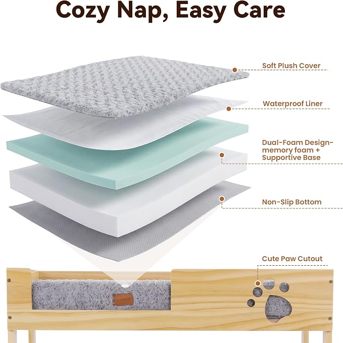 Wooden Bunk Dog Bed with 2 Memory Foam Beds | Modern Pet Furniture, Waterproof Liners, Washable Covers, 31.1 x 20.9 x 29.9 in, Bedside Window Perch, For Medium Dogs & Cats
