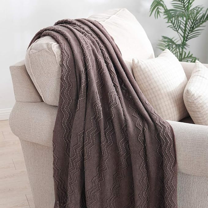 BOURINA Brown Throw Blanket 60x80 Inch Boho Knitted Soft Throw Sofa Blanket | Knitted Throw Blanket 60x80 Inches, Soft Lightweight Boho Weave Throw Decorative Couch Blanket for Living Room Bedroom Chair
