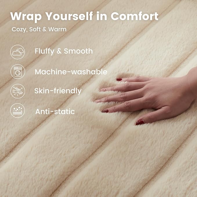 Cozy Bliss Deluxe Sheared Rabbit Faux Fur Throw Blanket, Soft Fuzzy High-Low Sculpted Plush Blanket for Couch, Cozy Home Accent, All Season Use, Khaki 50"x60"