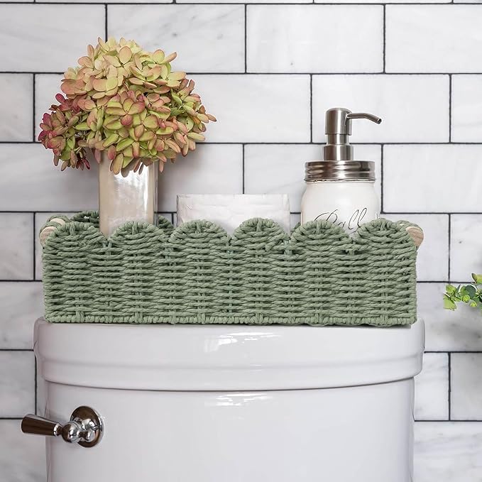 CubesLand Scalloped Toilet Paper Storage Basket W/Handle for Home Decor | Paper Rope Toilet Organizer Basket for Countertop, Over Toilet Shelf, End Table, Living Room Cozy Decorative & More, Green