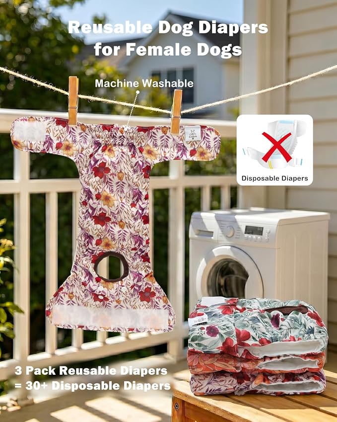 CuteBone Dog Diapers Female Washable Small Medium Large 3 Pack Reusable Doggie Diapers Puppy Period Pants for Doggy Heat Cycle Peeing