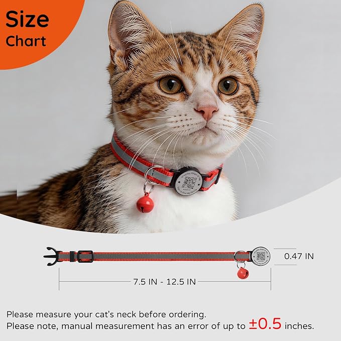 Breakaway Cat Collar QR Code, Reflective Bell, Adjustable Kitten, Red