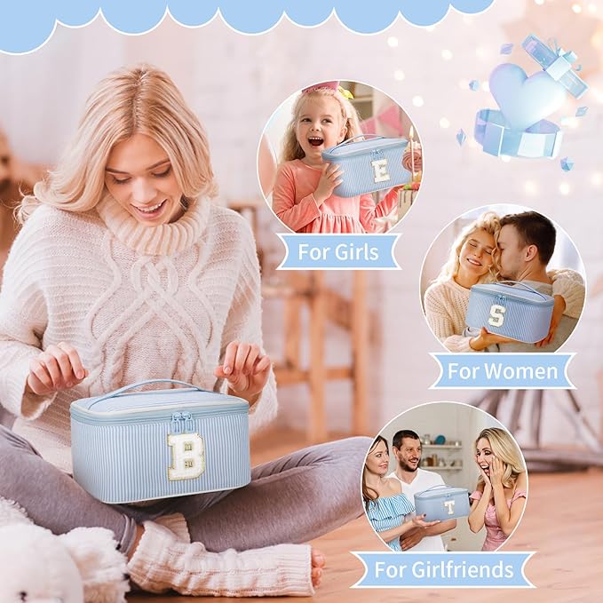 OCHEAL Makeup Bag Valentines Day Gifts for Women, Monogram Cosmetic Bag Blue Travel Makeup Case Beauty Toiletry Bag Organizer Personalized Gifts for Girls Bridesmaid, Sister, Wife, Friends Initial T