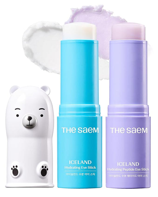 THESAEM Iceland Hydrating Eye Stick Bundle - 2 Pack (Hydrating + Peptide) 0.38 oz each - Cooling Balm for Dark Circles, Puffiness & Wrinkles - Under Eye Treatment with Niacinamide & 5-Peptide Complex