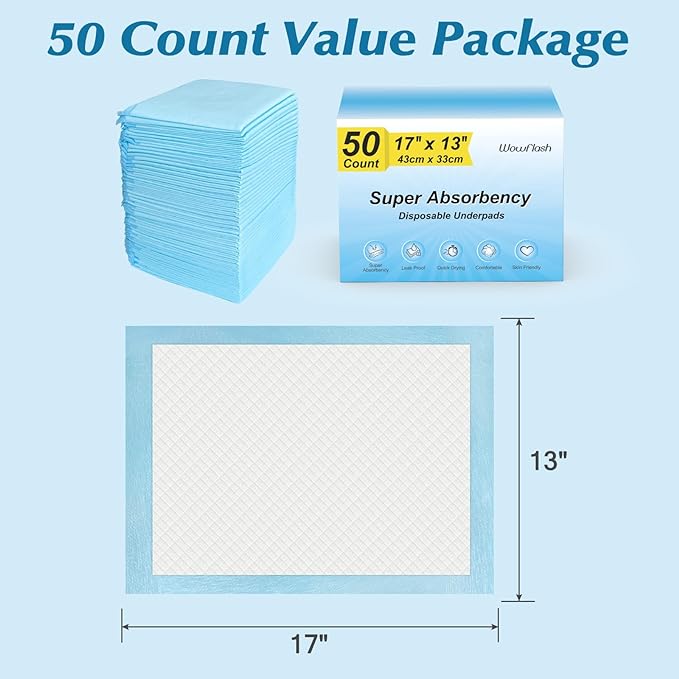 50 Count Super Absorbency Disposable Underpads, 17” x 13” | Leakproof Quick Drying Disposable Pads for Baby, Disposable Changing Pads for Baby, Disposable Diaper Changing Pads