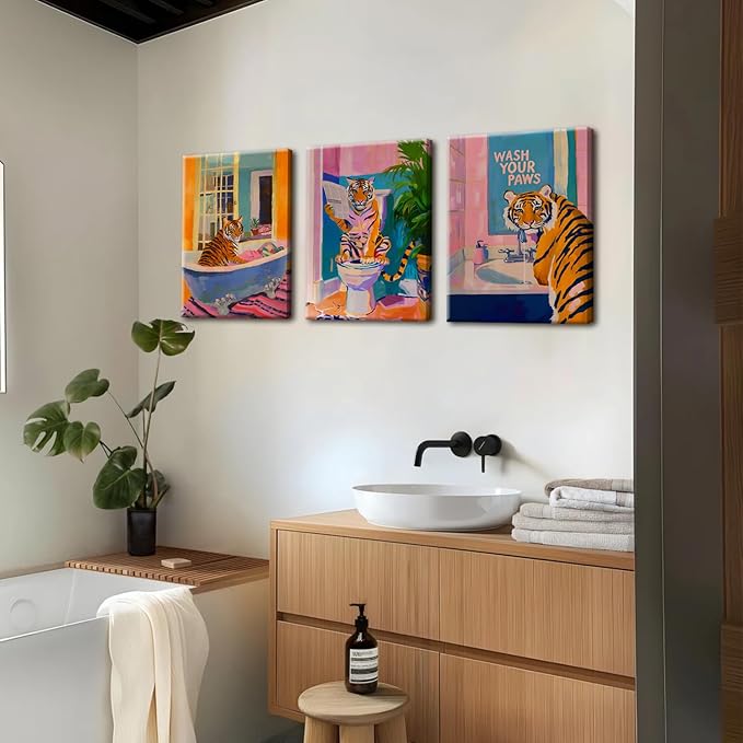 Funny Tiger Bathroom Wall Art Set of 3 Whimsical Tiger in Bathtub Canvas Wall Decor Painting Maximalist Animal Bathroom Poster Print Aesthetic 12x16 inch Framed