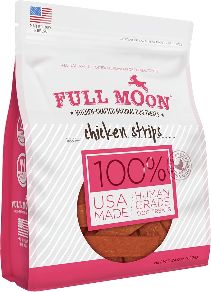 Full Moon Chicken Strips Healthy All Natural Dog Treats Human Grade Made in USA Grain Free, 1.5 Pound (Pack of 1) | Human Grade, No corn, No wheat, No soy, Glycerin Free, Made in the USA