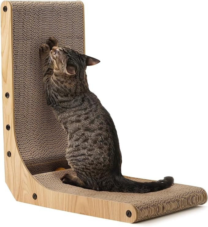 FUKUMARU Cat Scratcher, 18.7 Inch L Shaped Cat Scratch Pad Wall Mounted | Vertical Cat Scratching Board with Ball Cat Toy for Indoor Cats, Cardboard Cat Scratcher for Wall Sofa Couch