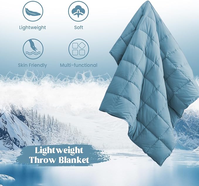 puredown® Soft Feather Down Throw Blanket Lightweight Packable Couch Throw for Indoor and Outdoor Use, Throw 50"X70", Blue, 12oz