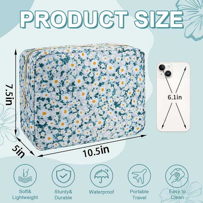 UIXIZQ Waterproof Large Floral Makeup Pouch,Nylon Travel Toiletry Storage Purse Preppy Cosmetic Bag for Women Girl,Large Capacity Makeup Organizer Zipper Pouch for Work(L Green-Daisy)